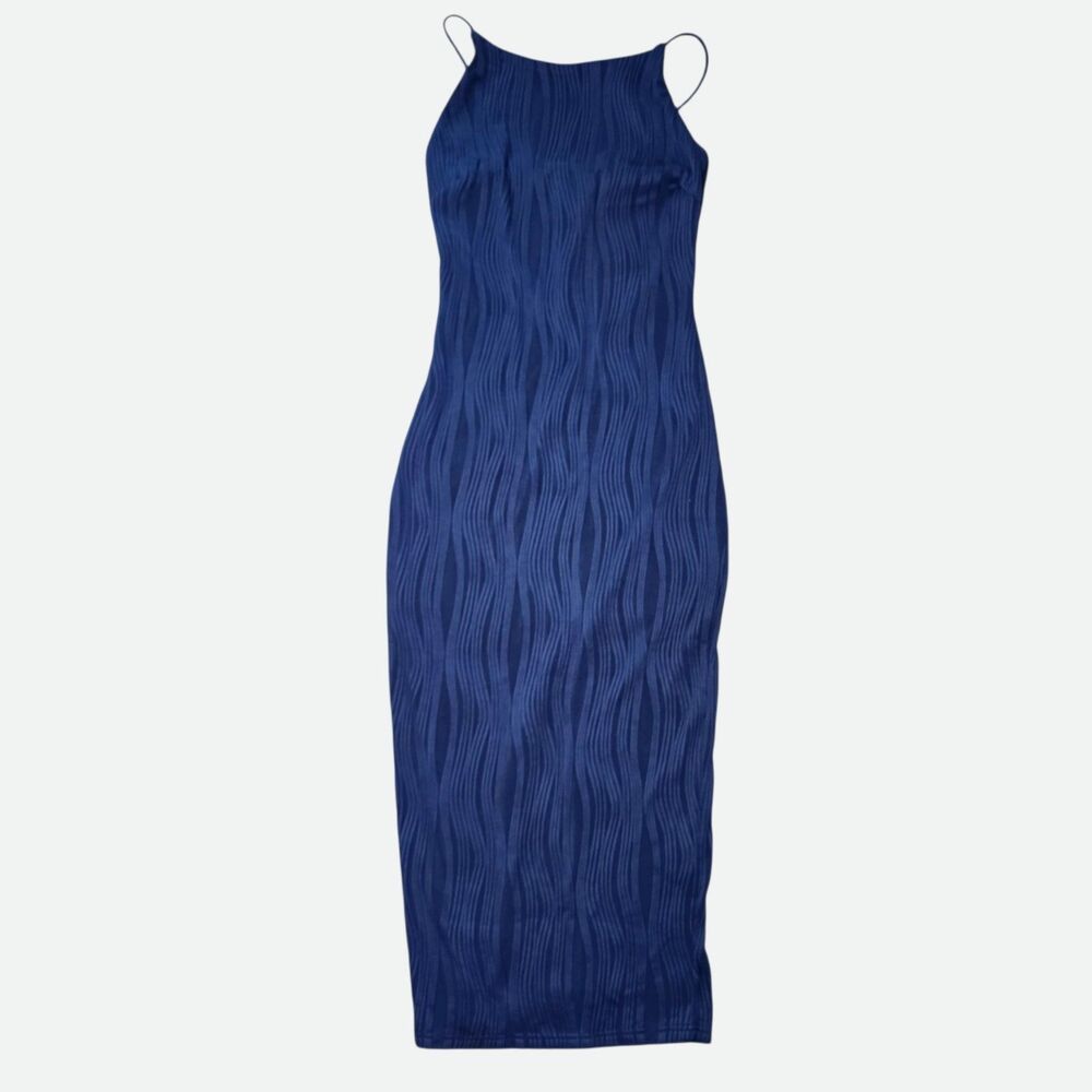Zattcas Womens Small Navy Blue Wavy Textured Pleated Long Cami Dress NWT Formal